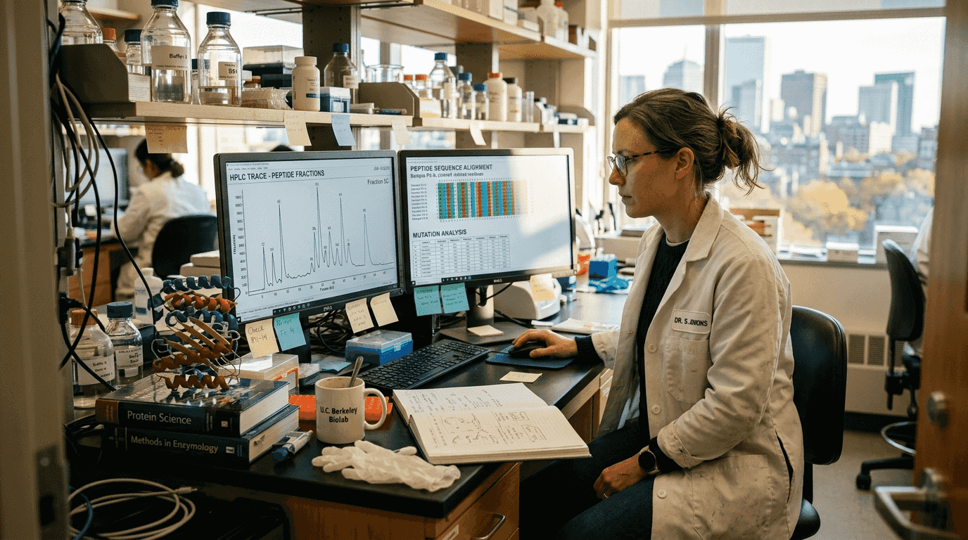 Scientist reviewing peptide data at computer workstation