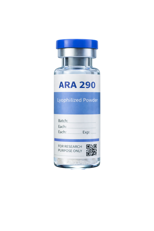 NexaPeptide ARA 290 peptide vial with label, clear glass container and white cap, on a plain background.