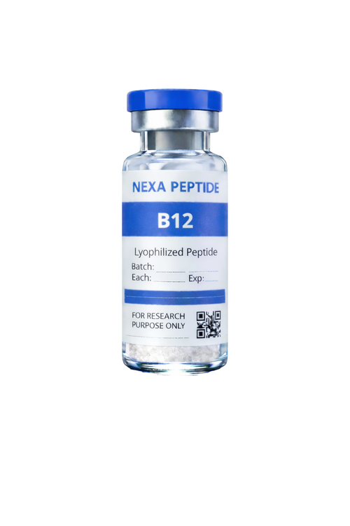 NexaPeptide B12 supplement bottle with tablets, showing the B12 vitamin label on a white background.