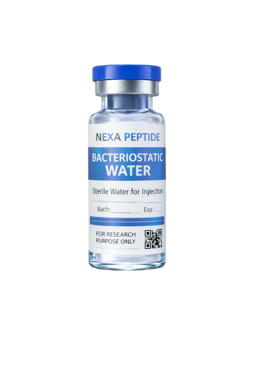 NexaPeptide Bacteriostatic Water 10ml vial with clear liquid inside, used for reconstitution of peptides and medications.