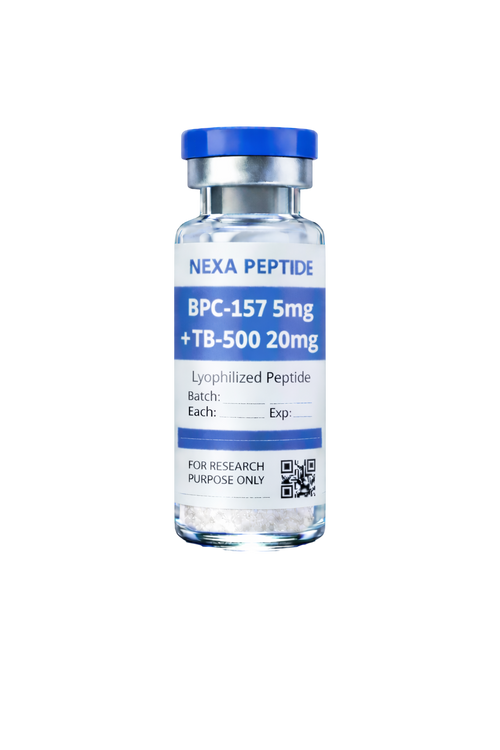 NexaPeptide BPC-157 5mg and TB-500 10mg vials for research, with labels showing dosage and brand name.