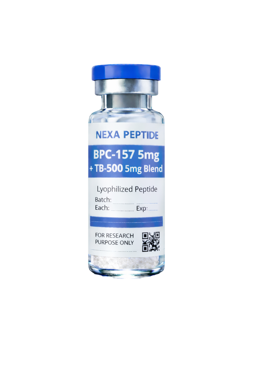 NexaPeptide BPC-157 5mg and TB-500 5mg blend vial with label showing product details and dosage information.